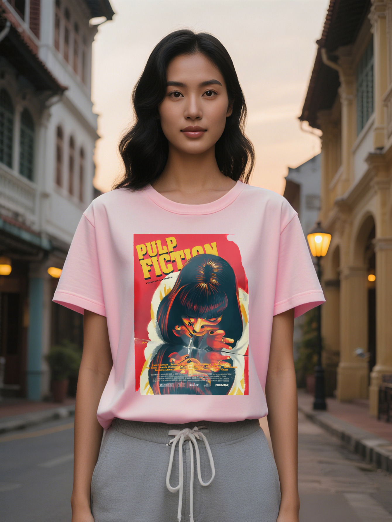 Large XL Black Graphic Lady Casual T-Shirt Pulp Fiction Art Print with Female Character Design, Washable, Regular Fit, Gift, Plus Size