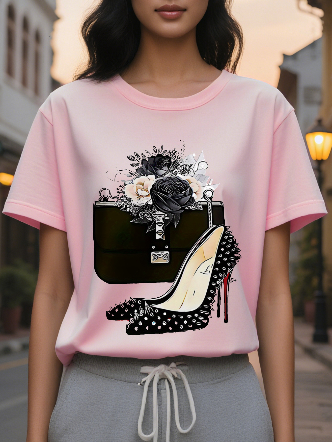 igh-heeled shoes printed T-shirt short sleeve round neck casual top suitable for spring and autumn women's clothing