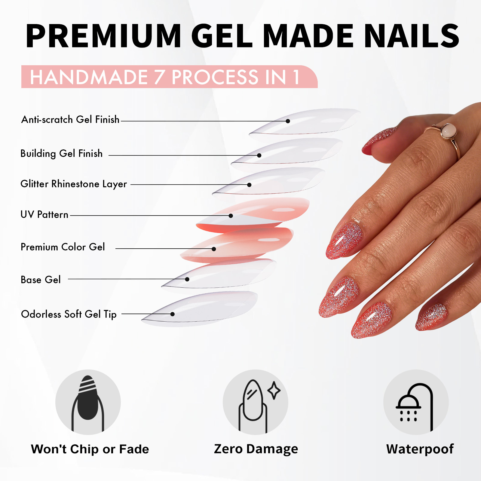 Pressed nails almond short shiny diamond glitter red tape glue 16 sizes-32 reusable nails