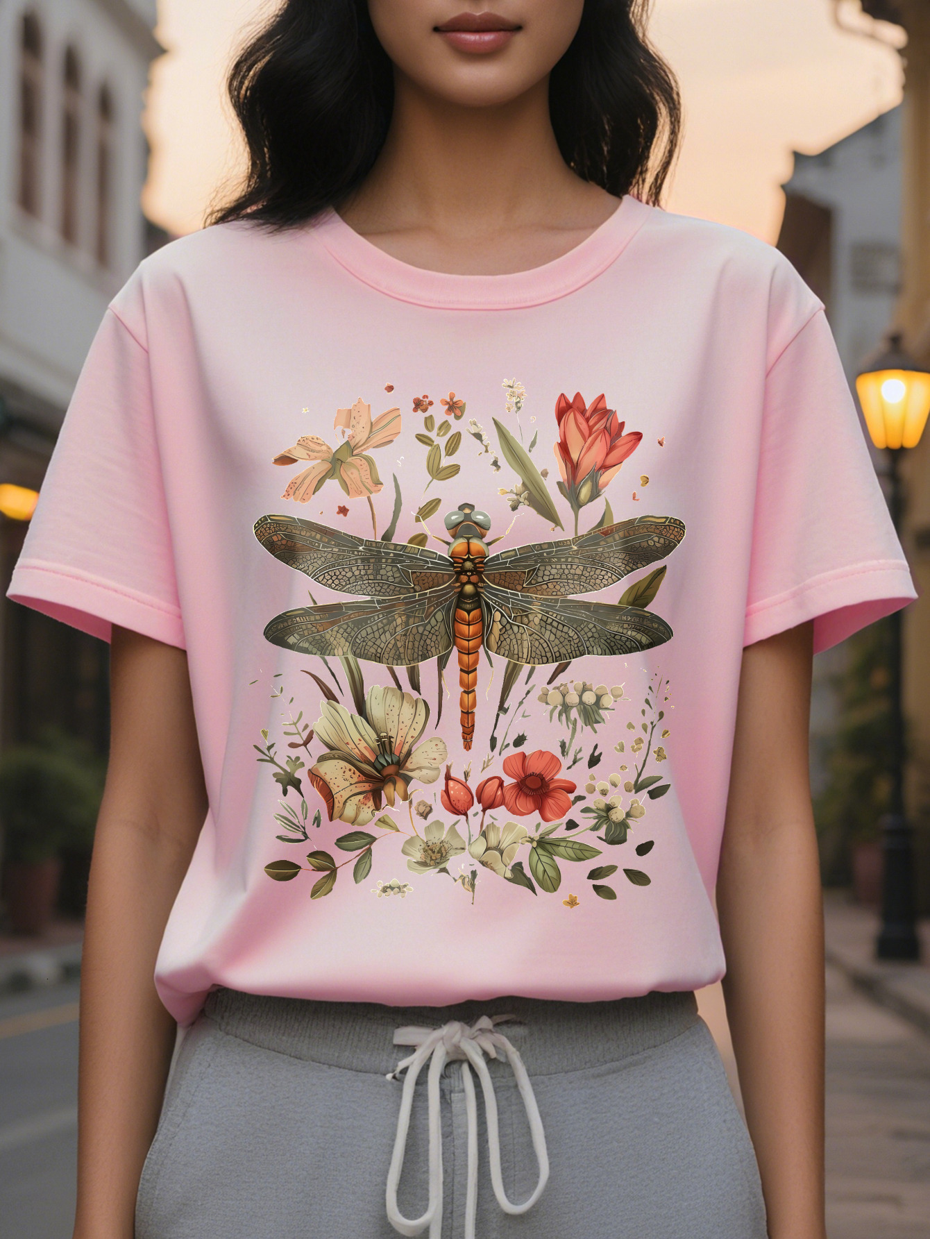 Large XL Casual Dragoy Floral Print Cotton Knit Tee Women S Crew Neck T Shirt All Season Regular Length Top Plus Size