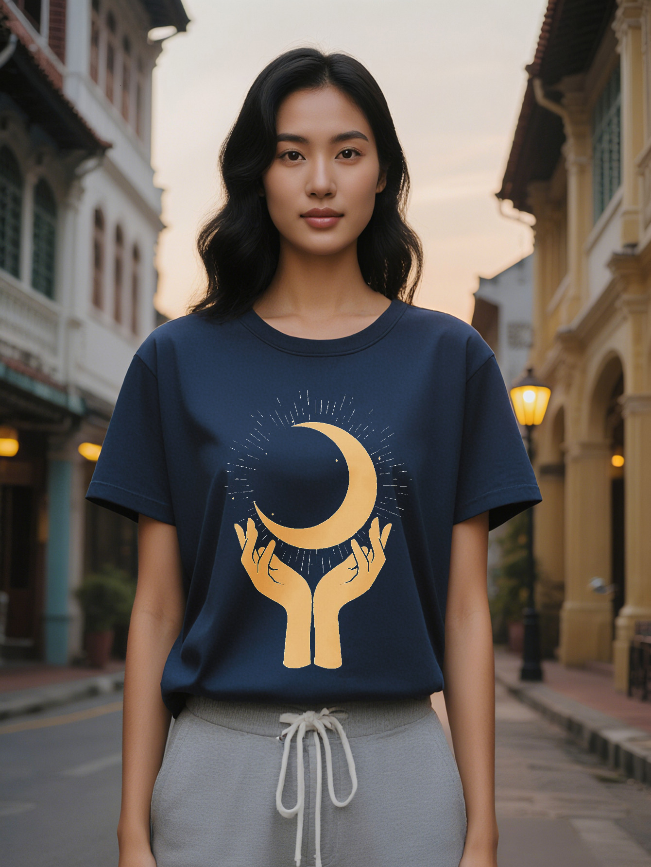 Lady Casual Crew Neck T-Shirt with Golden Moon and Hands Design Soft Fabric Summer Style Perfect Gift for Him