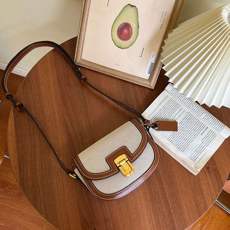 DHEssentials 2025 Autumn New Korean Ins Niche Color Block Saddle Bag Women's Retro Versatile Underarm Small Crossbody Bag PU Brown Black