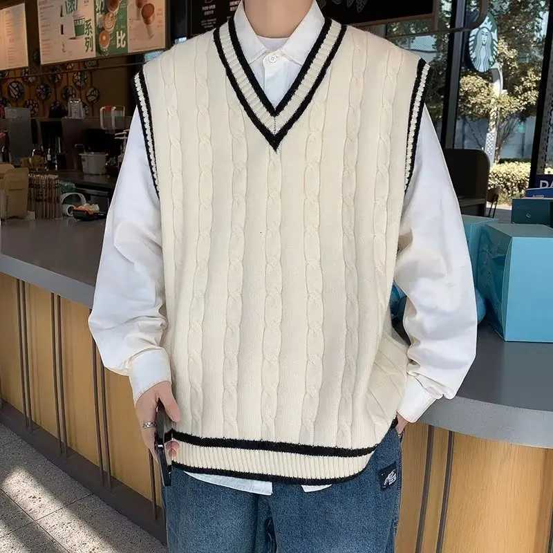 Sweater Vest Men V Neck Sleeveless Knitted Vests Tops Coats Knit Sweaters Splice Casual Loose Top Regular Autumn WinterXJ250904