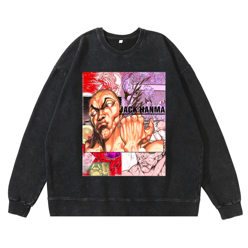 360g Heavyweight Pre-Washed Distressed Jack Hanma Anime-Inspired American Vintage Crewneck Cotton Sweatshirt - TT8343