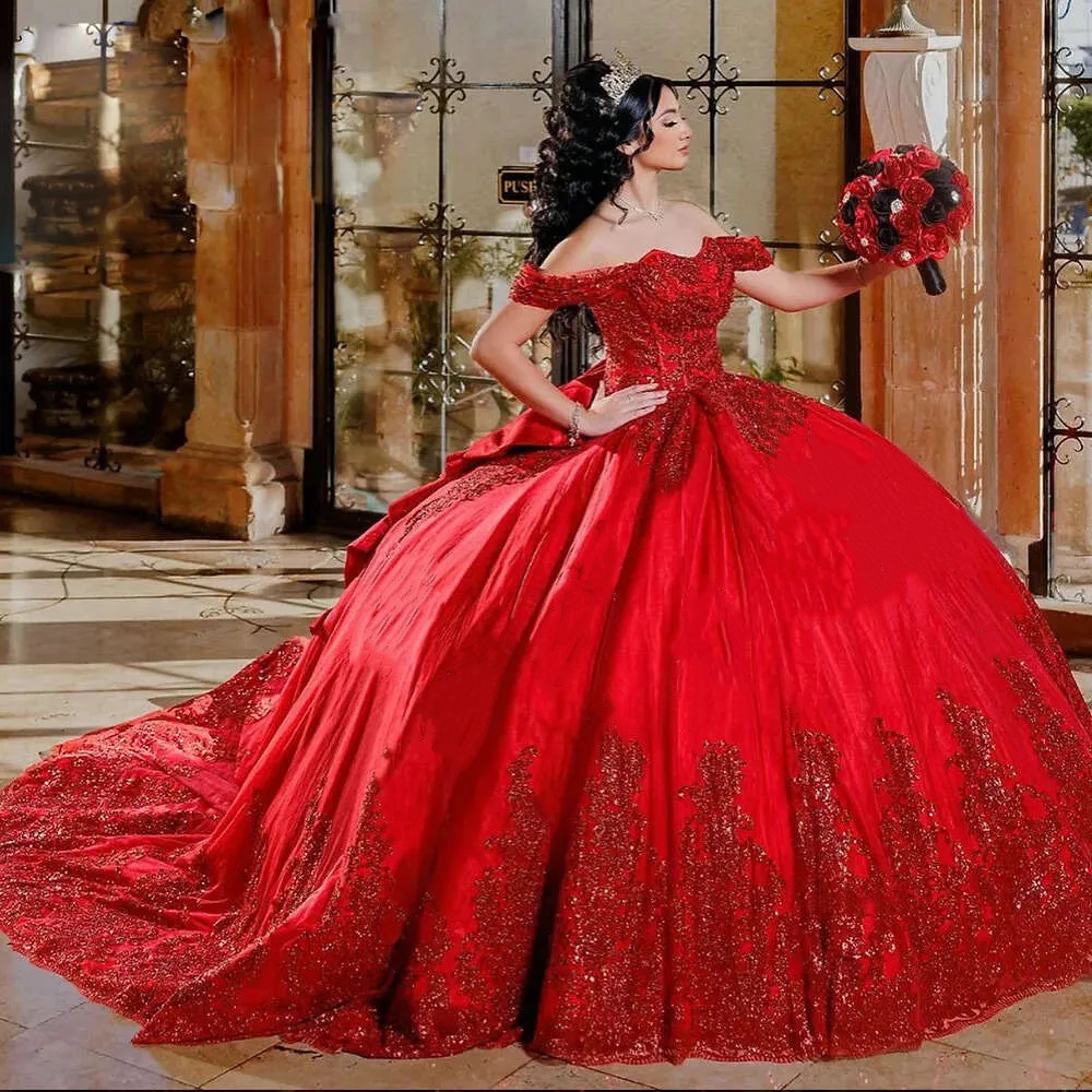 Sparkly Red Sequined Appliques Quinceanera Dresses Ball Gowns Off The Shoulder Bow Princess for Sweet 15 Birthday Party Sweet 16 Vestidos De 15 Anos
