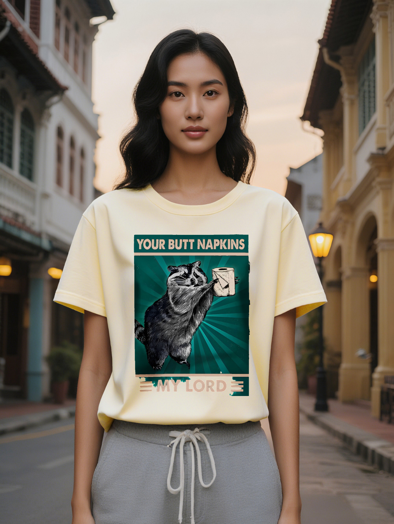 Casual Graphic T Shirt with Raccoon Toilet Paper Print Your Butt Napkins My Lord Black Round Neck Summer Tee