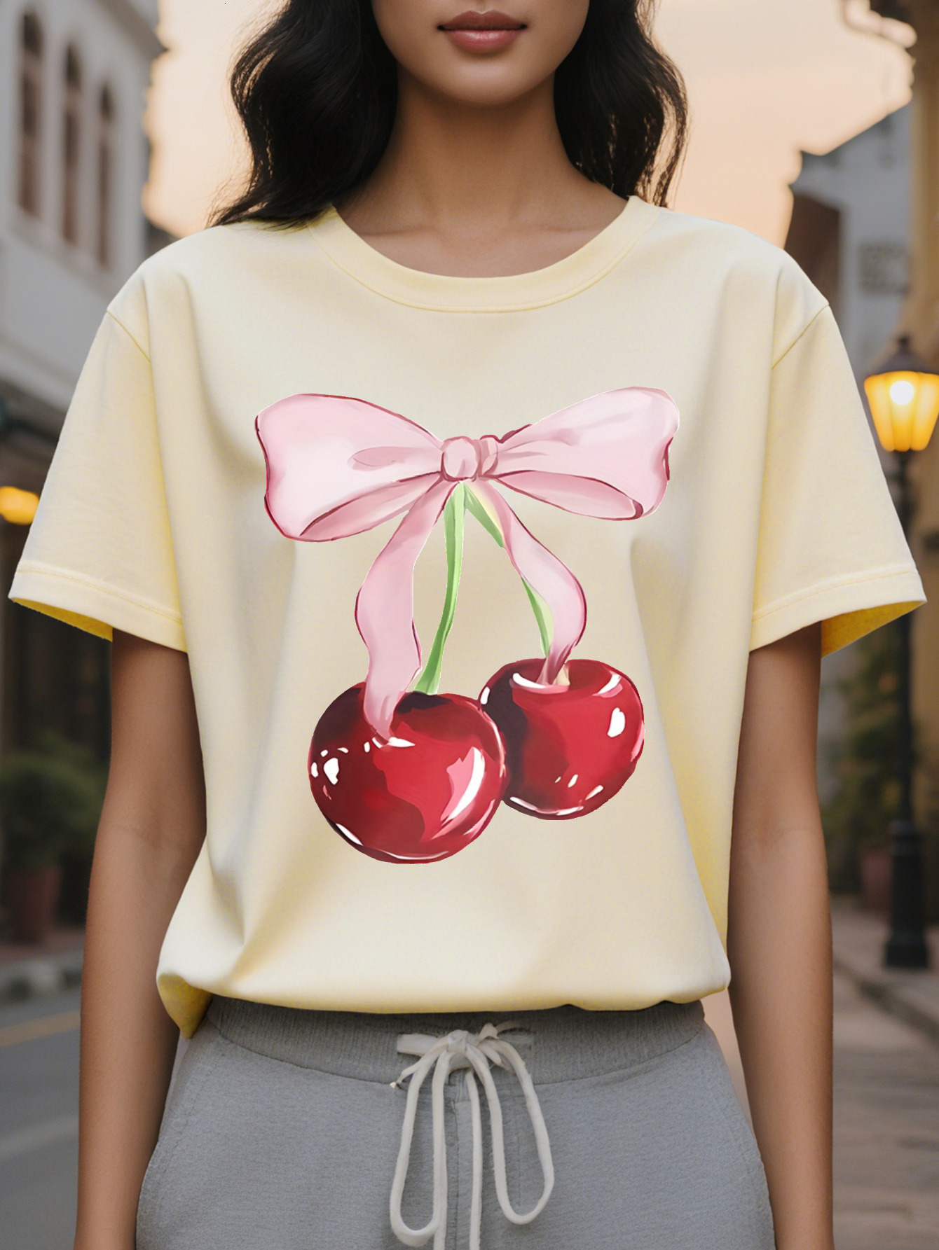 Women s short sleeved T shirt with cherry bow, slim translucent top, round neck, and summer washable white casual dress