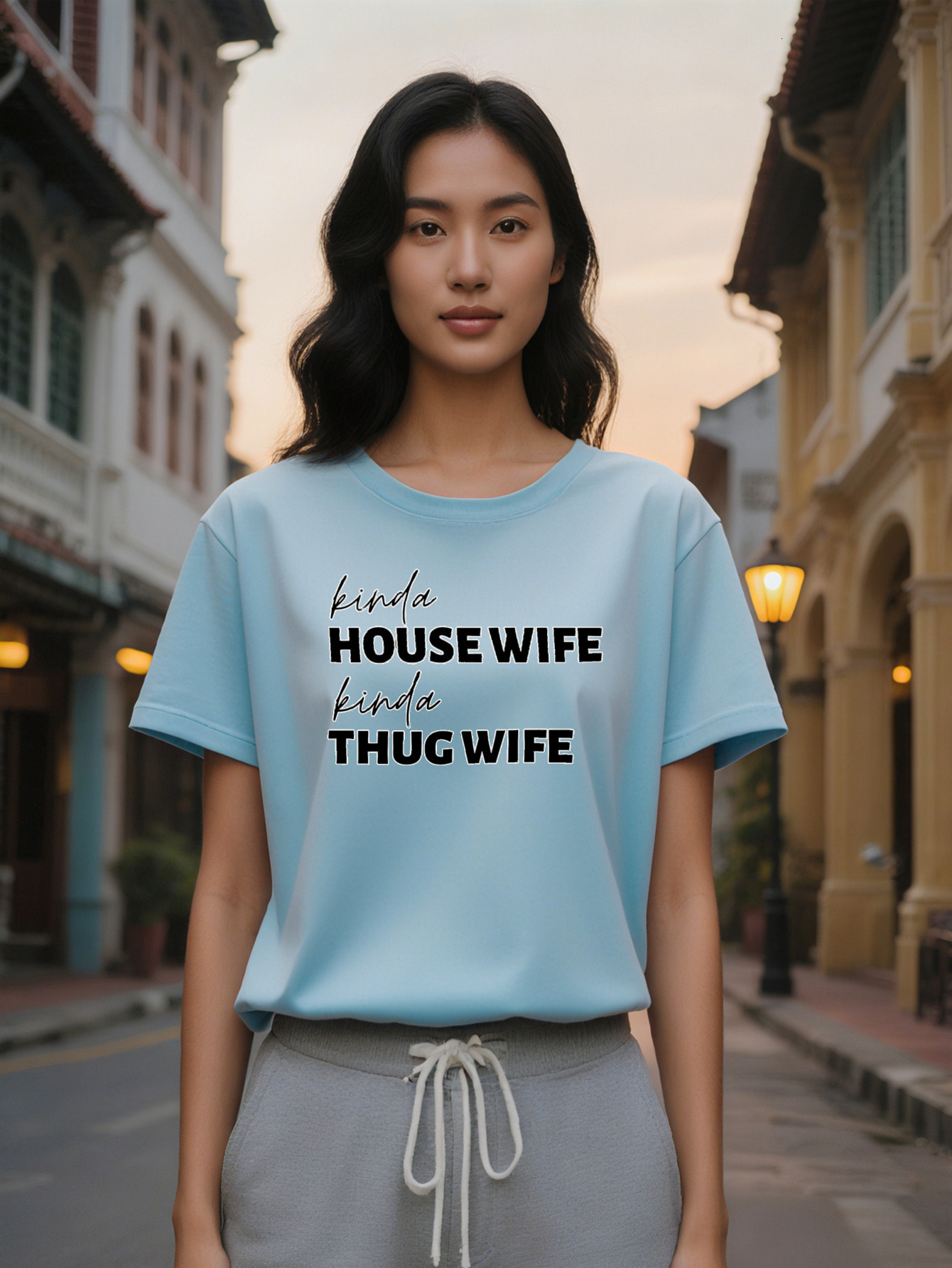 Large XL Women's Casual Graphic T-Shirt with Kinda House Thug Wife Print BlackWhite Bold Lettering Round Neck Regular Fit Plus Size