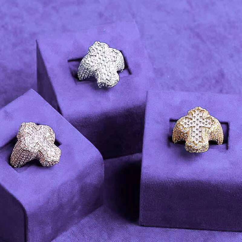 GRA Hip Hop Iced Out Bling 925 Sterling Silver Pass Diamond Tester VVS Moissanite Fleur Baguette Cross Ring for Men