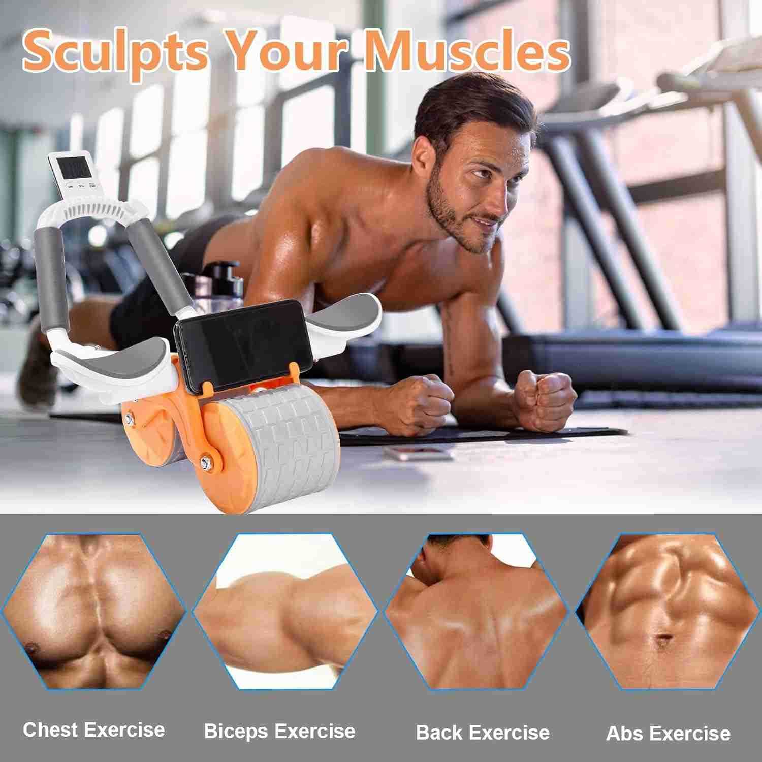 2025 New Ab Roller Wheel with Knee Mat Timer Automatic Rebound Abdominal Wheel Ab Abdominal Exercise Roller with Elbow Support Abs Workout Equipment A