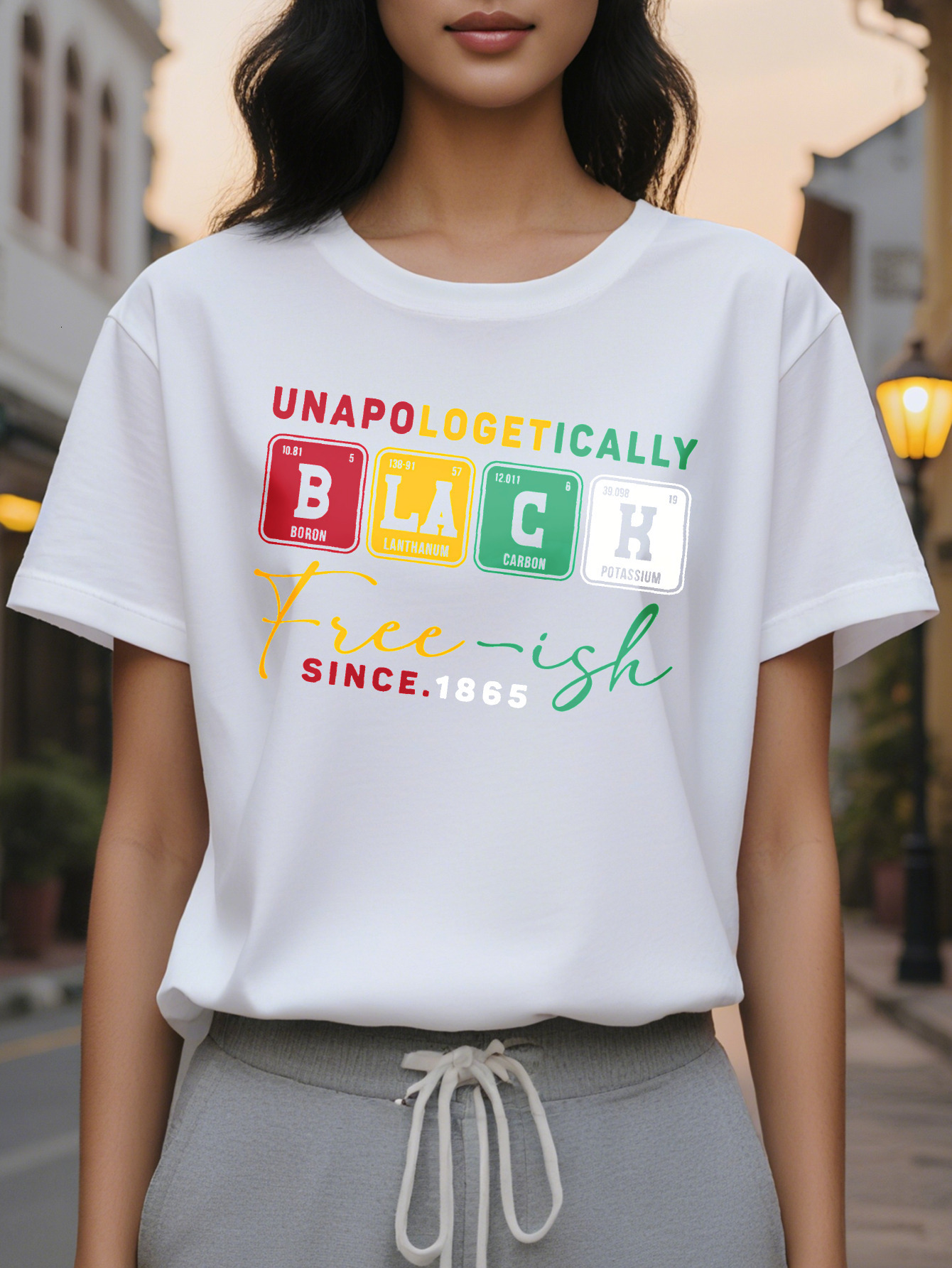 Large XL Women's Juneteenth Freedom Graphic T-Shirt Unapologetically Black Free ish Since Periodic Table Design Short Plus Size