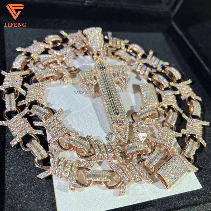Custom Cuban Chain Set 925 Silver Rose Gold Plated Cluster Necklace for Men and Women Iced Out VVS Moissanite Diamond Bracelet