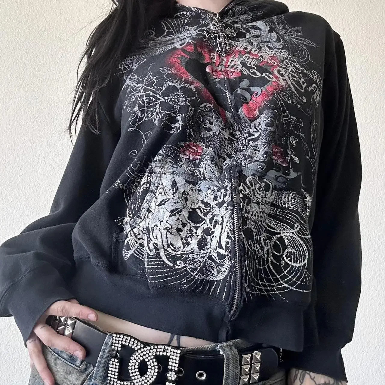 Women Zip up Emo Hoodies Gothic Heart Print Loose Long Sleeve Sweatshirt Jacket for Spring Fall Y2K Aesthetic Streetwear 250904