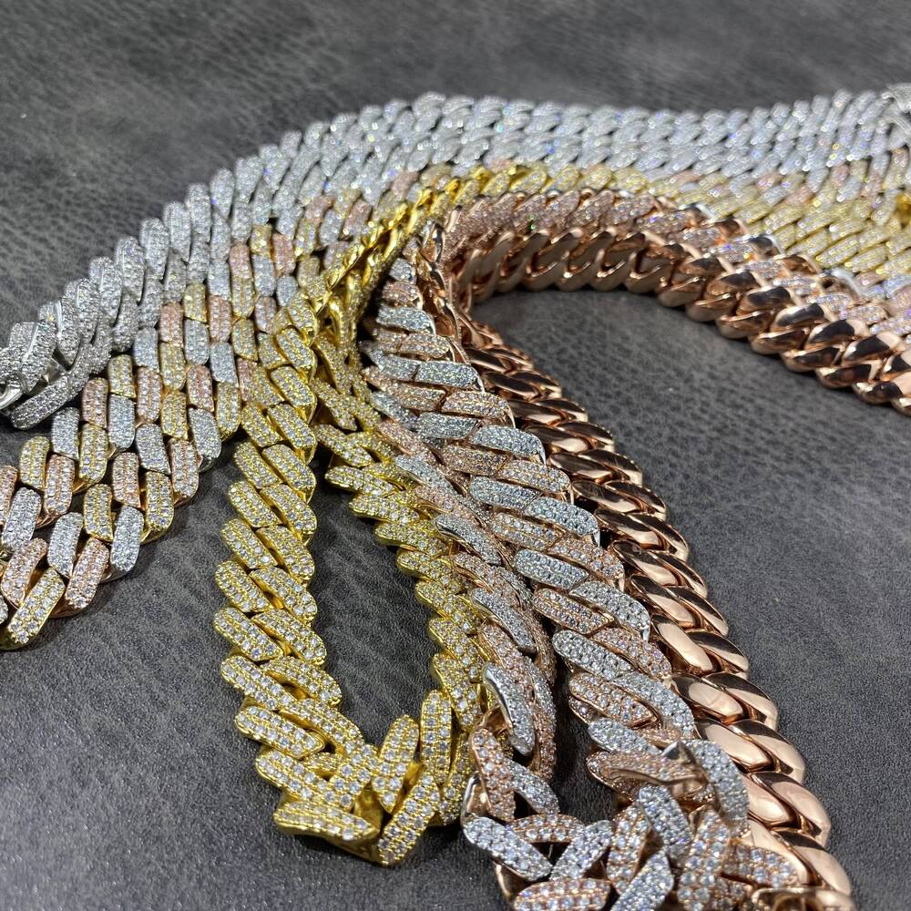 High Quality Hip Hop Fine Jewelry Men 12mm Full Iced Out Prong Solid Cuban Link Necklace Chain Bracelet