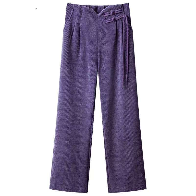 Meilade Autumn Winter New Chinese Style Buttoned Fleece Chenille Wide-Leg for Women High Waist Draped Straight Casual Pants