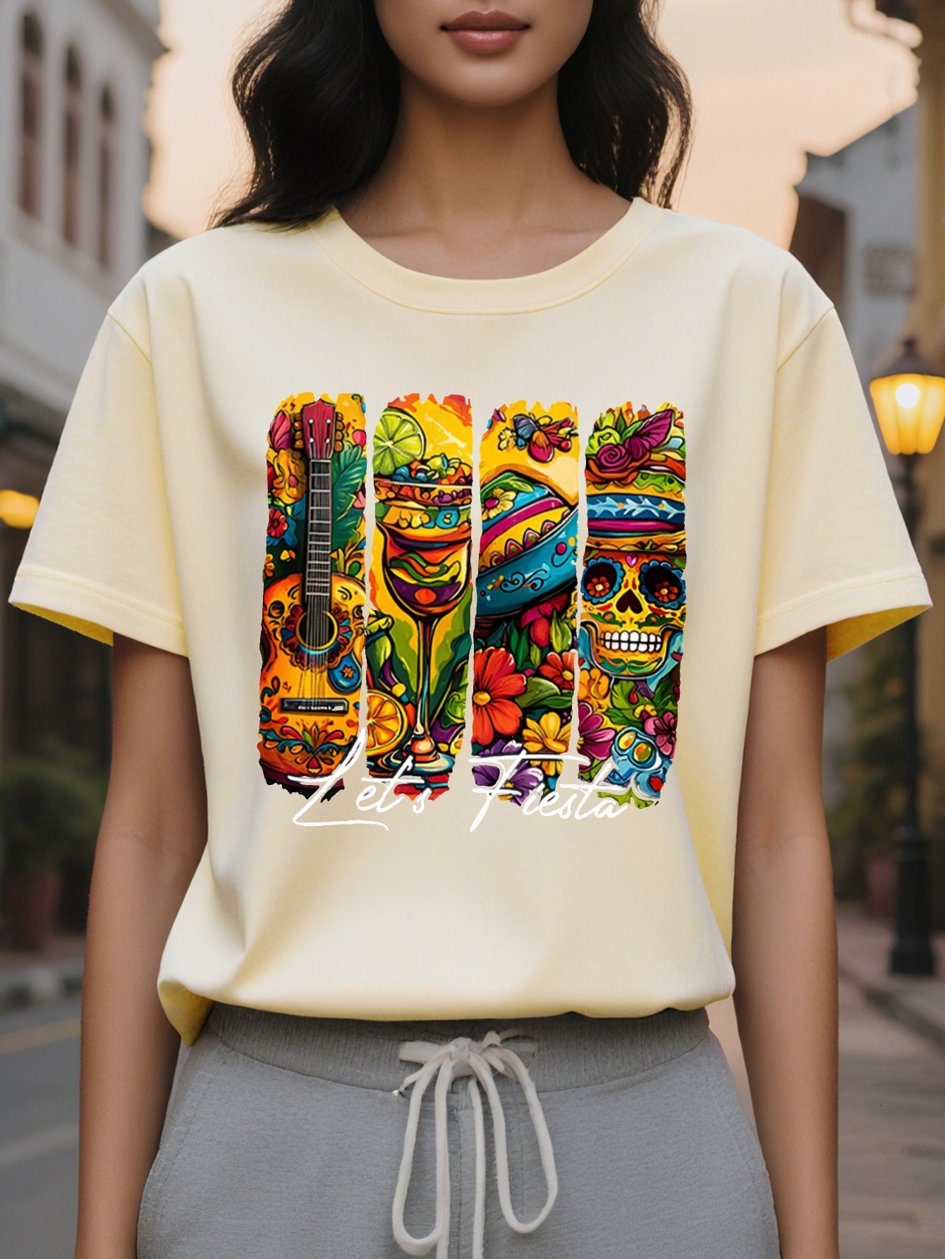 LETS FIESTA Distinctive Fashion Printed Round Neck Short Sleeve T-shirt Spring and Summer High End Slimming Women's