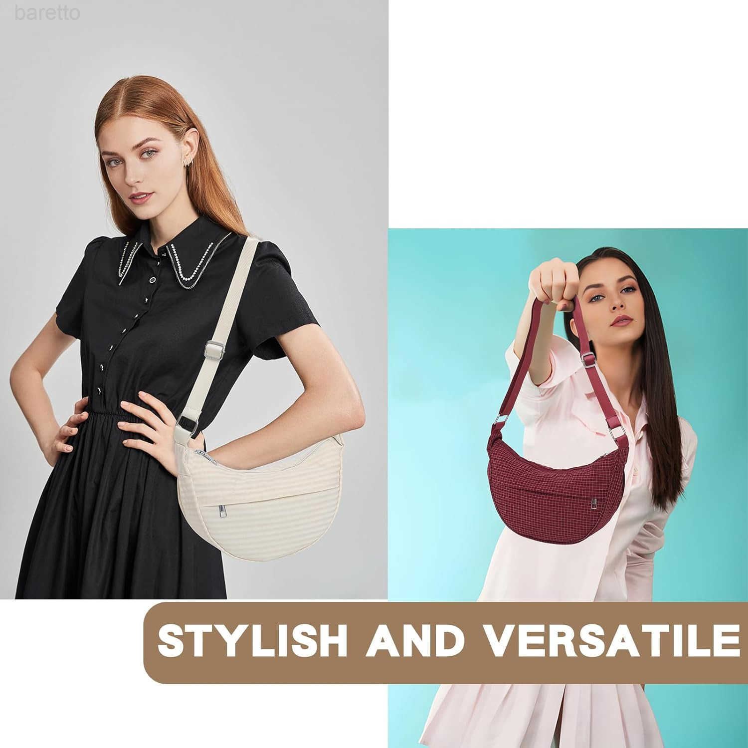 Checkered Nylon Crescent Bag for WomenMoon Bag with Metal Zipper and Card Slots M250903