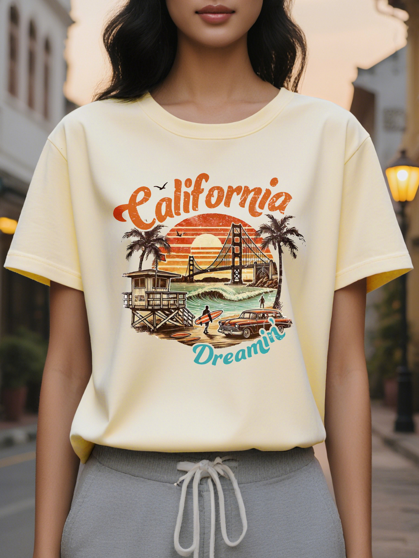 Women's California T-Shirt White Golden Gate Bridge Palm Trees and Vintage Car Design Soft Everyday Summer Top for