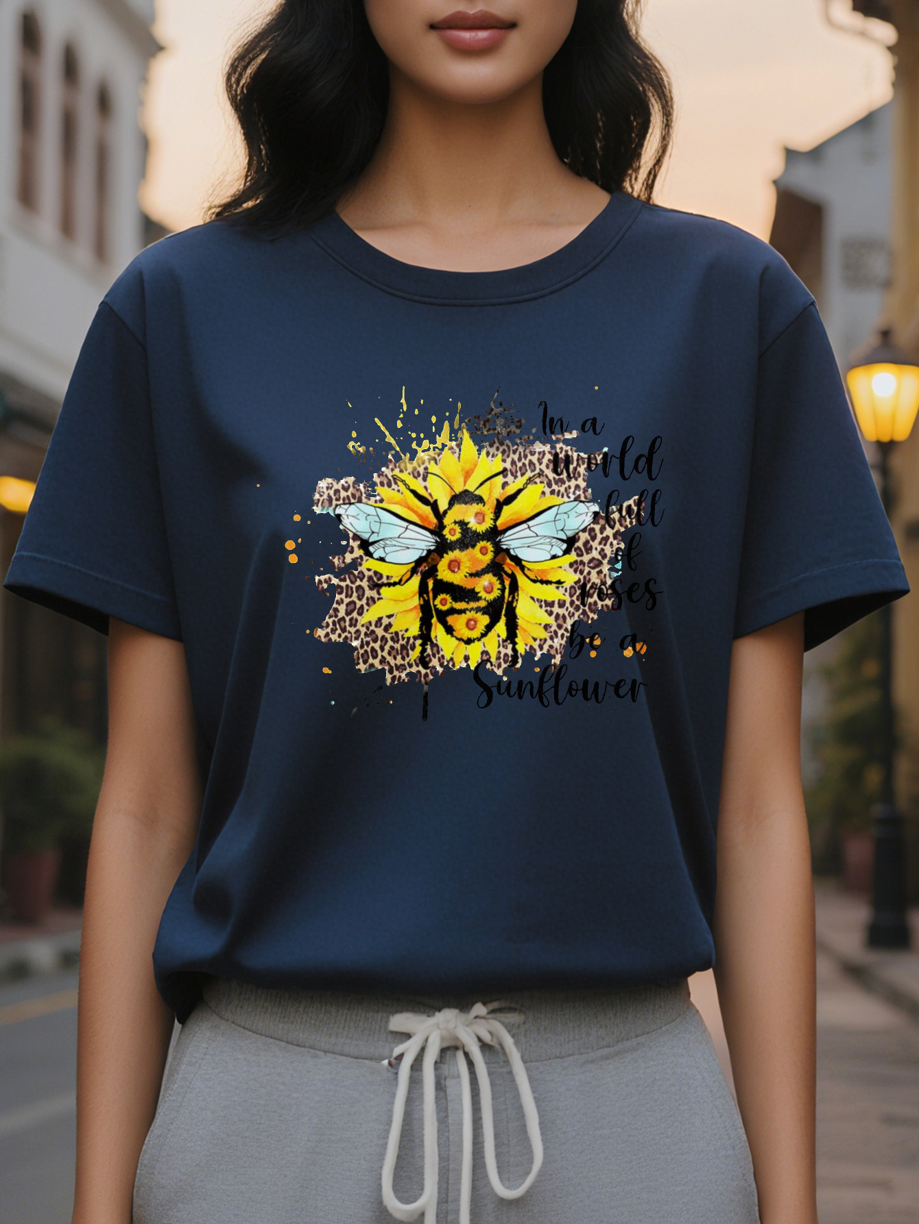 Women's elegant pattern sleeve T-shirt with inspirational quotes, white round neck, casual for autumn and winter