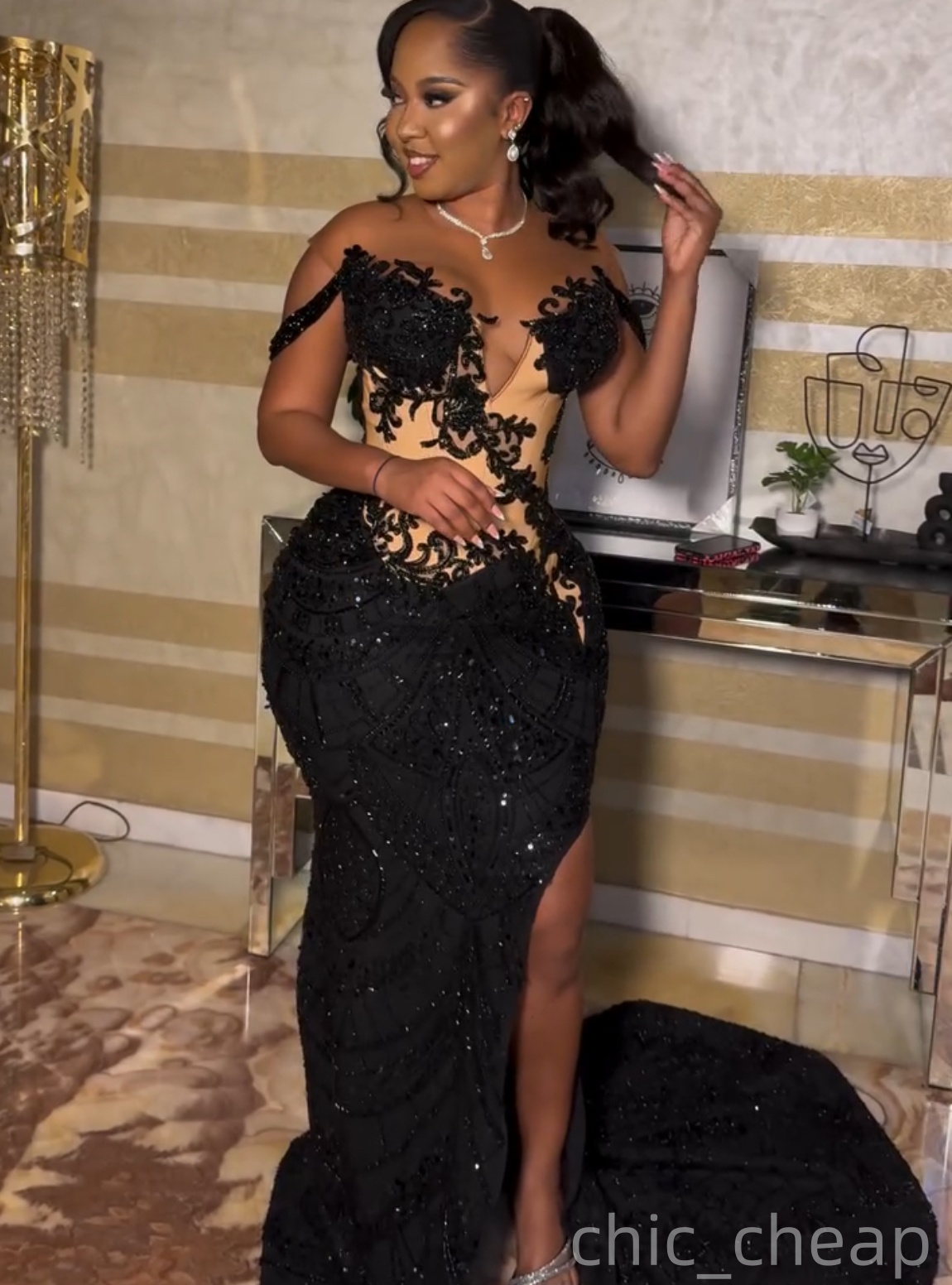 Aso Ebi Mermaid Black Prom Dresses 2025 Lace Beaded Illusion Sequined Evening Formal Party Second Birthday Engagement Gowns Plus Size Dress For Specia