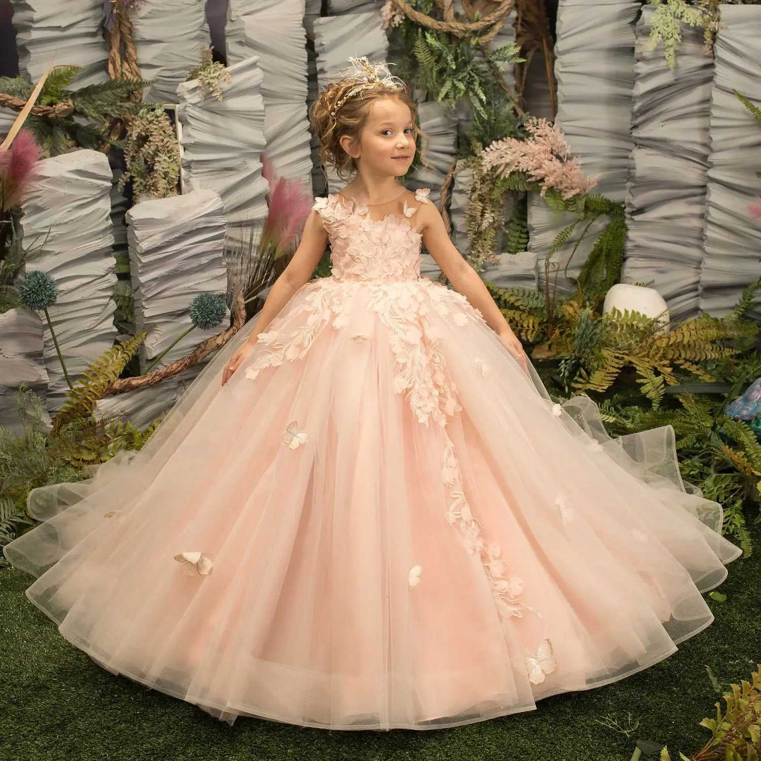Pretty Dress Pink Flower Girl Dress Princess Lace Floral Appliques Tulle Fluffy Skirt Floor Length Ball Gowns Communion Party Z250904