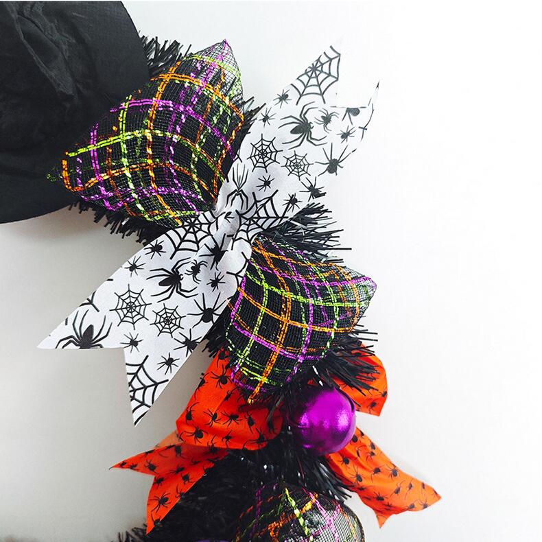 Halloween Witch - Themed Wreath Decor: Black Hat, Colorful Bows & Witch Legs for Festive Home Decor