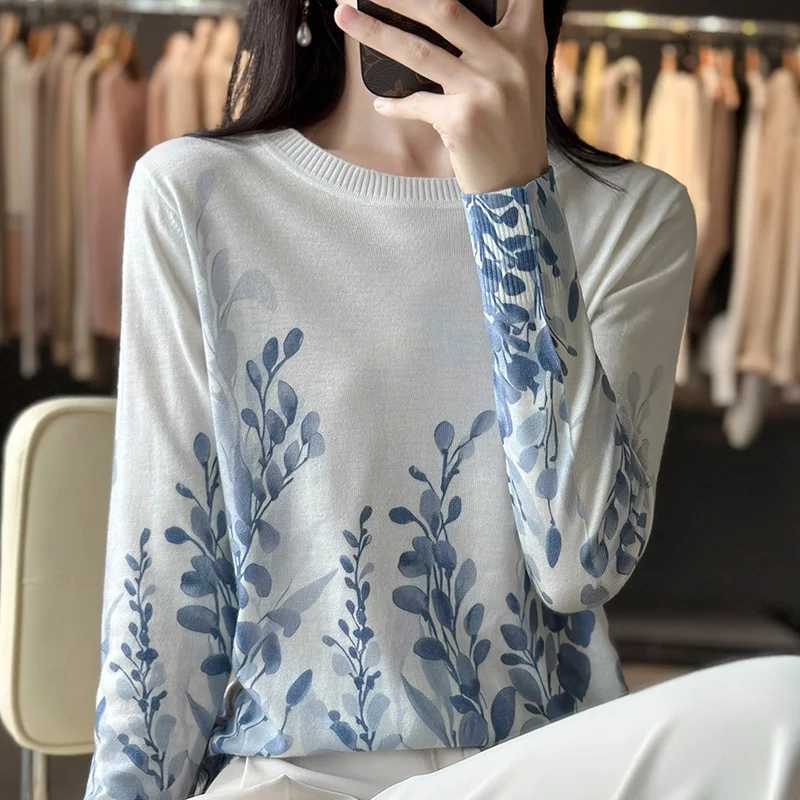 Autumn And Winter New Worsted Wool And Mulberry Silk Printed Round Neck Sweater Fashion Joker Knit Loose Bottoming Shirt Top M250904