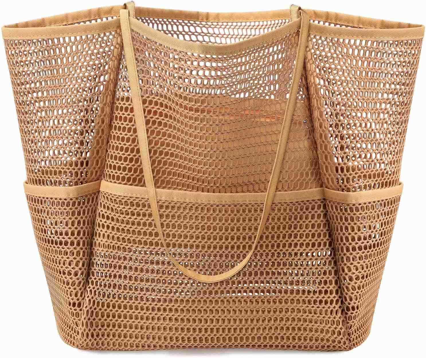 Mesh Beach Bag Tote Bag for Women Foldable Swim Large Beach Tote Bag with Zipper Pockets Waterproof SandproofW250904