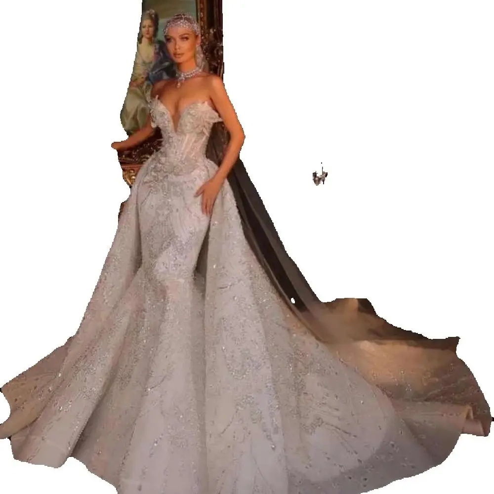 Exquisite Sweetheart Sequins Wedding Dresses For Women Sexy Appliques Lace Bride Dresses Customized Detachable Train Bridal Gown