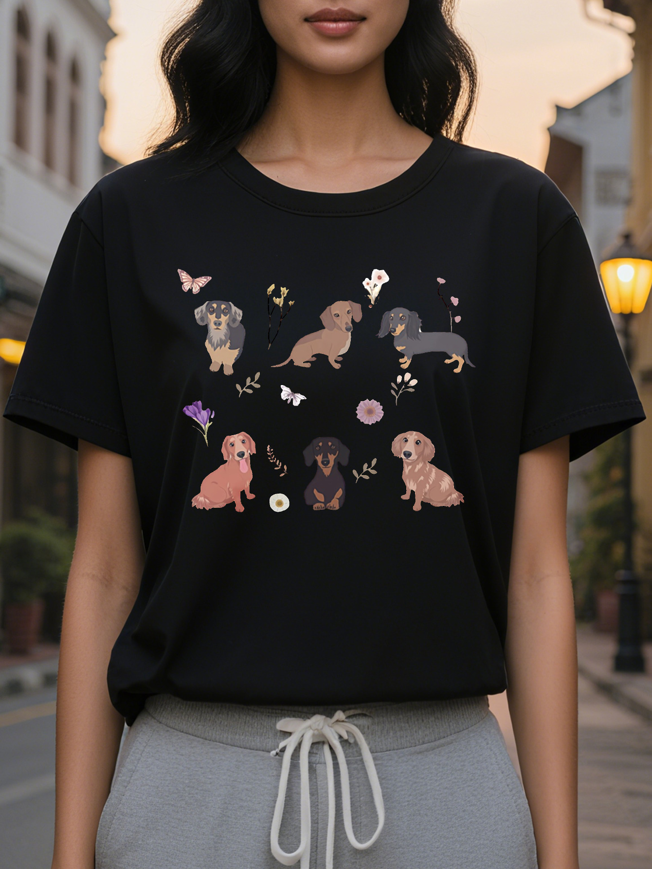 Dog American Print Pattern Fashion Round Neck Short Sleeve T-shirt Spring and Summer New Slim Fit Slimming Women's Top