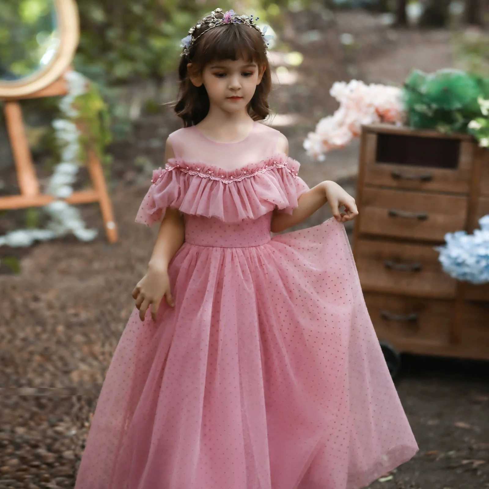 Old Girls Elegant Long Tulle Lace Princess Dresses Teenage Slash Neck Mesh Party Dress Childrens Pink Red Wedding Clothing Z250904