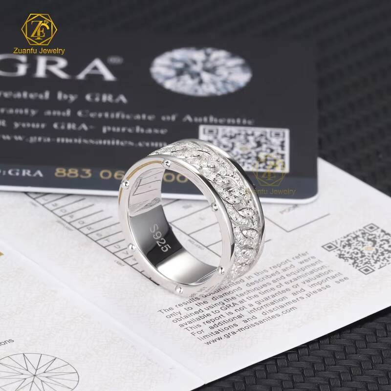 Factory Price 925 Sterling Silver VVS Moissanite Diamond Jewelry Rhodium Plated 8MM Cuban Link Chain Band Ring for Men
