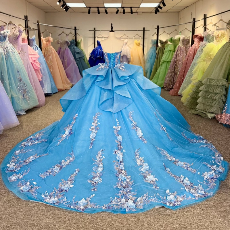 Blue Shiny Princess Off the Shoulder Sweet 16 Dress Quinceanera Dresses Applique Flower Beads Tull Party Birthday Vestidos 15 De Anos