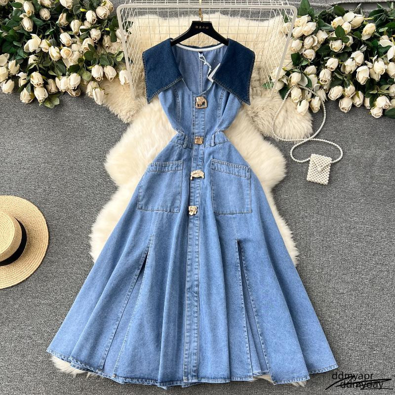 Casual Dresses Ddmyday Designer Denim Dress Women Long Single Breasted Big Turn-Down Collar Waist Slimming Temperament Split A-Line Vestidos Ddmyday