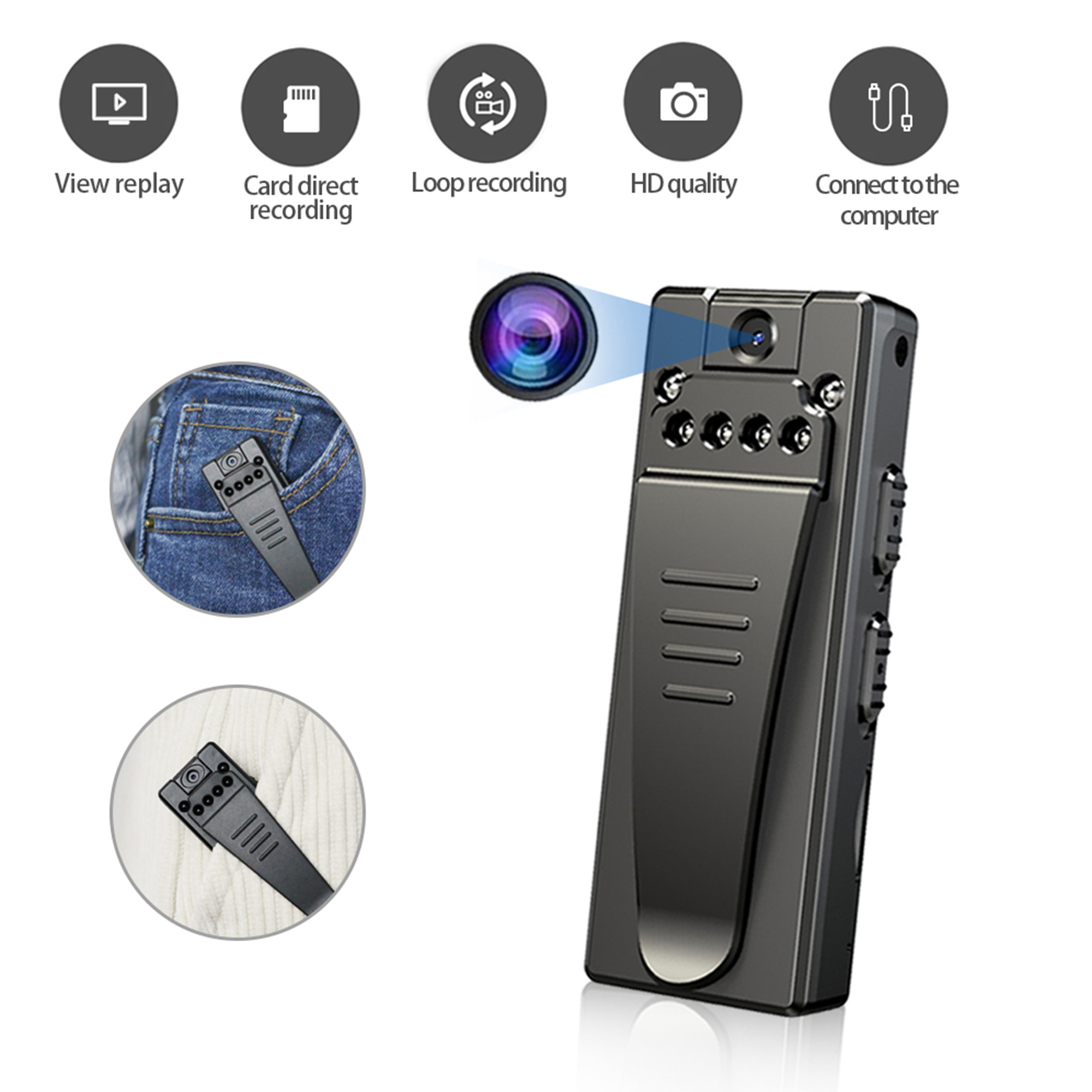 1080P Body Camera with Back Clip, Sports Camera with Audio and Video Recording, Wide Angle Lens and Portable Night Vision Video Recorder, 90° Rotation
