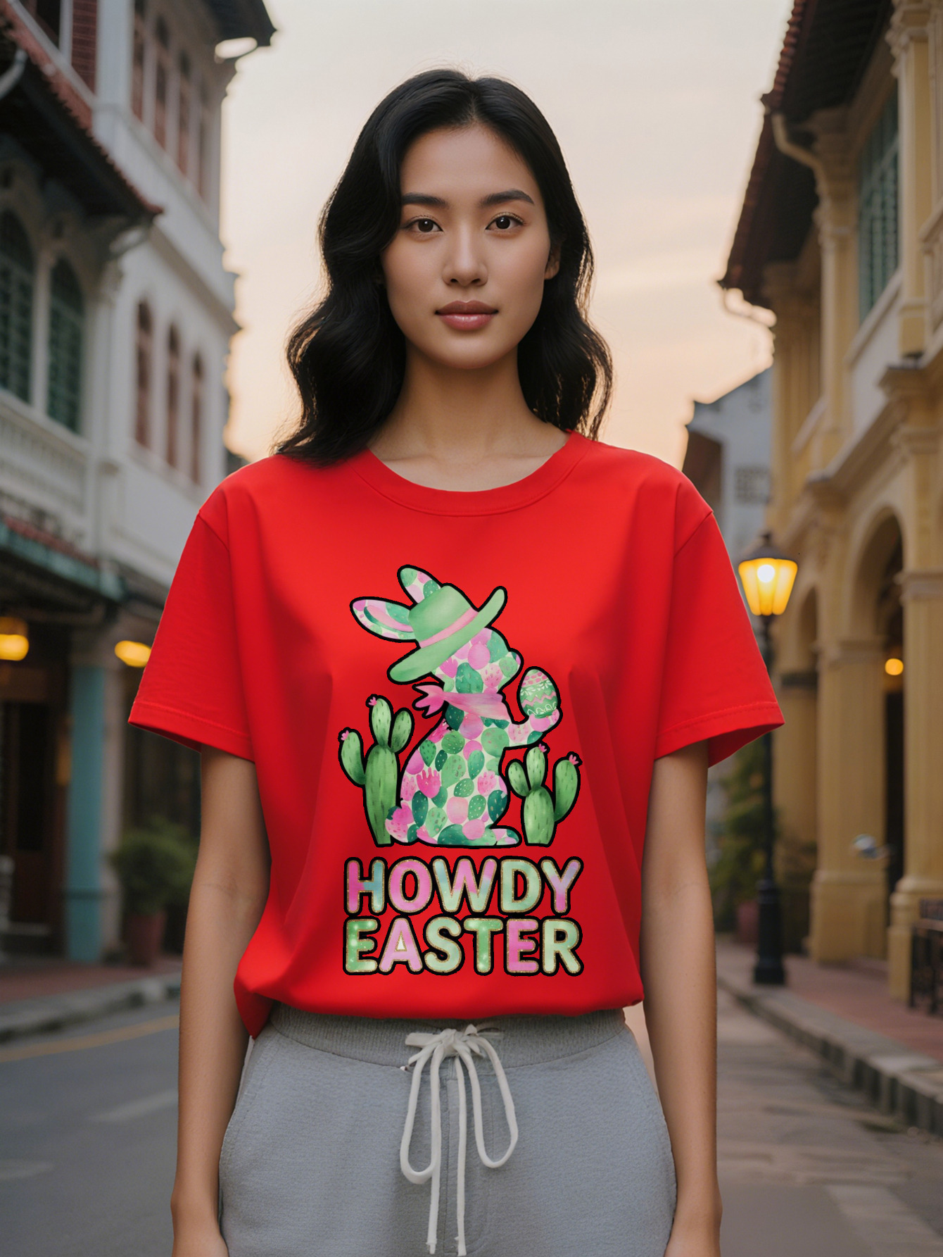Large XL Women's Casual Crew Neck T-Shirt with Howdy Easter Print Black Short Sleeve Graphic Tee Lightweight Blend Regular Fit Plus Size