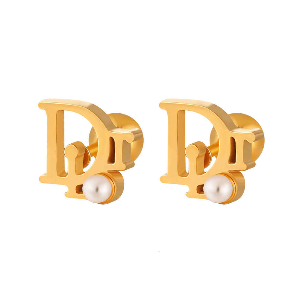 New Fashion D-Shaped Pearl Small Electroplated Gold Titanium Steel Ear Bone Stud Anti-Lost Anti-Hair Hanging Earrings