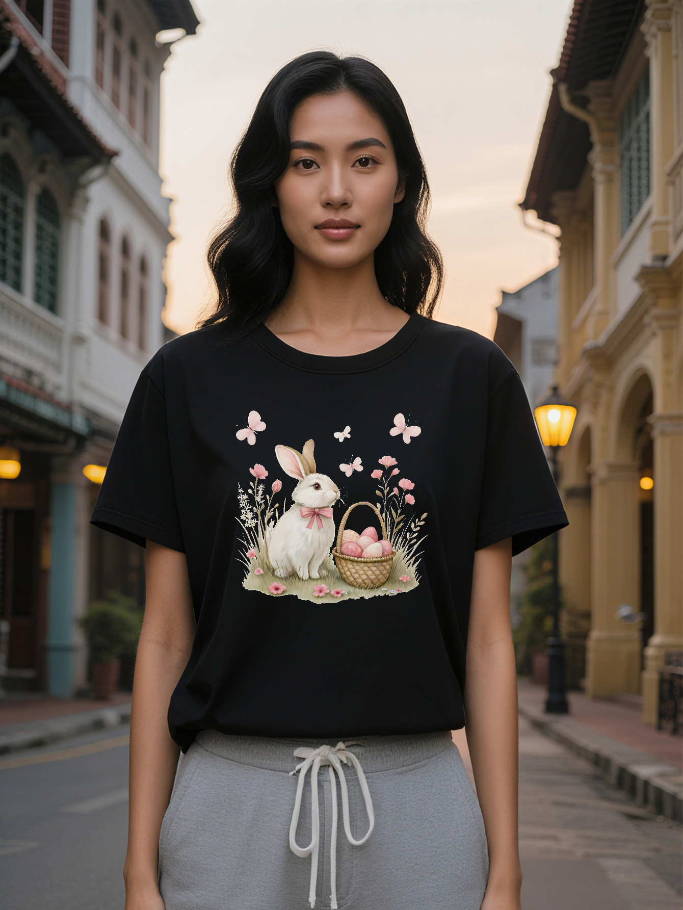 Large XL Women's Versatile T-Shirt with Cute Rabbit and Pink Bow Print Soft Fabric Summer Style Perfect Gift for Women Casual Plus Size