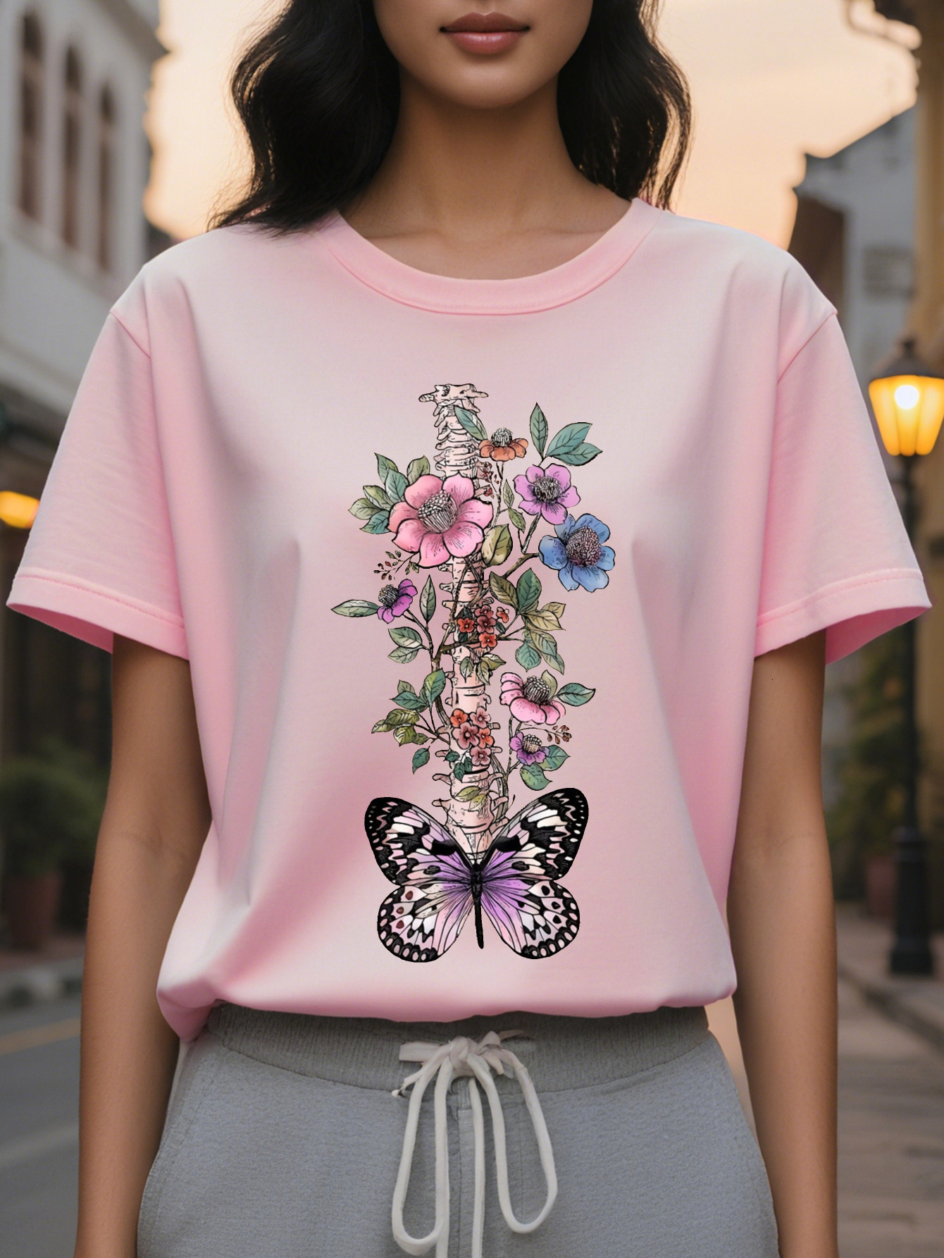 Women S Floral Print T-Shirt Casual Round Neck Short Sleeve Lightweight Cotton SpringSummer Collection Green