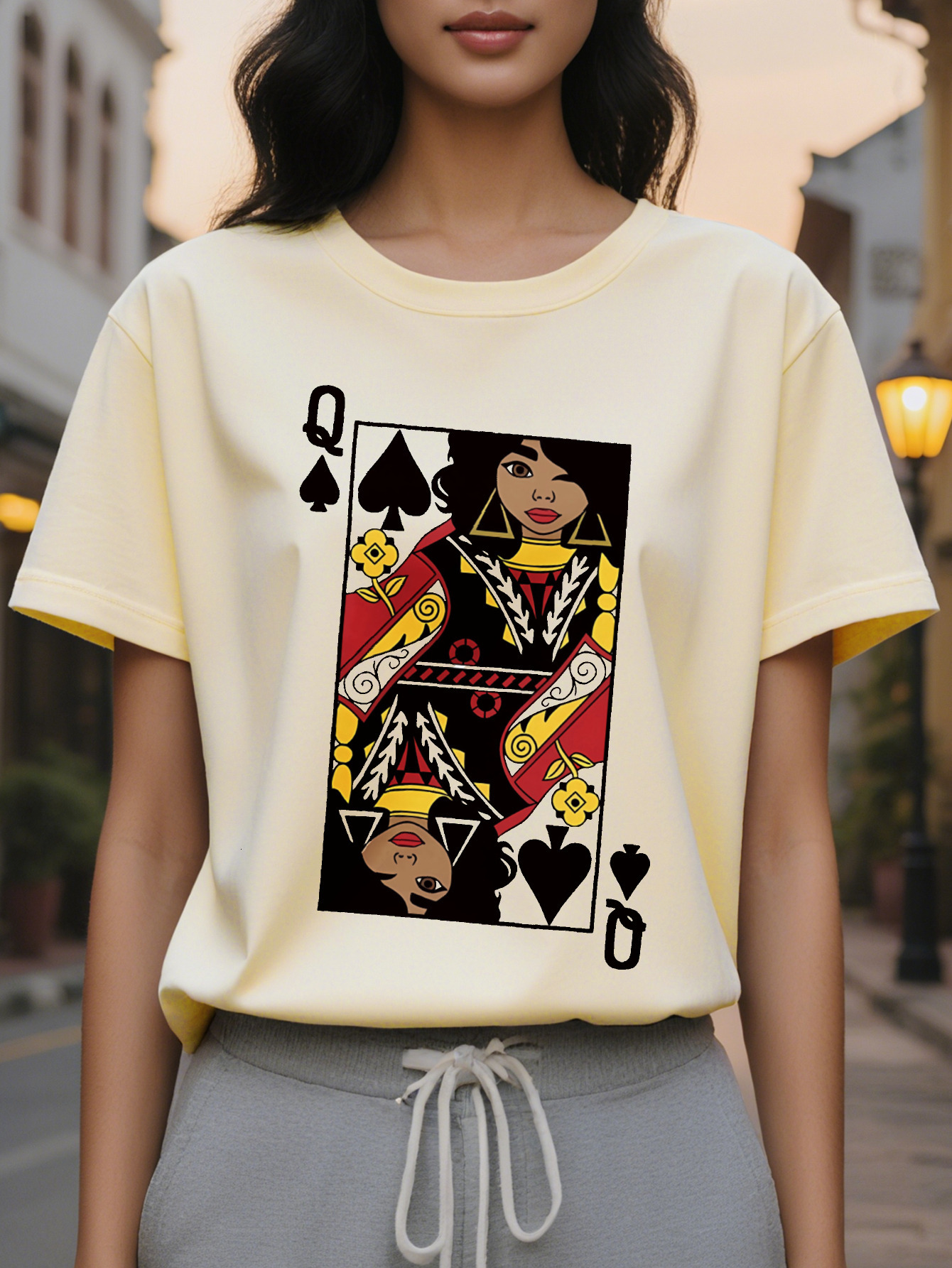 Short Sleeve Cartoon Card Q Print Crew Neck T-Shirt for Spring Summer Casual Women's Clothing