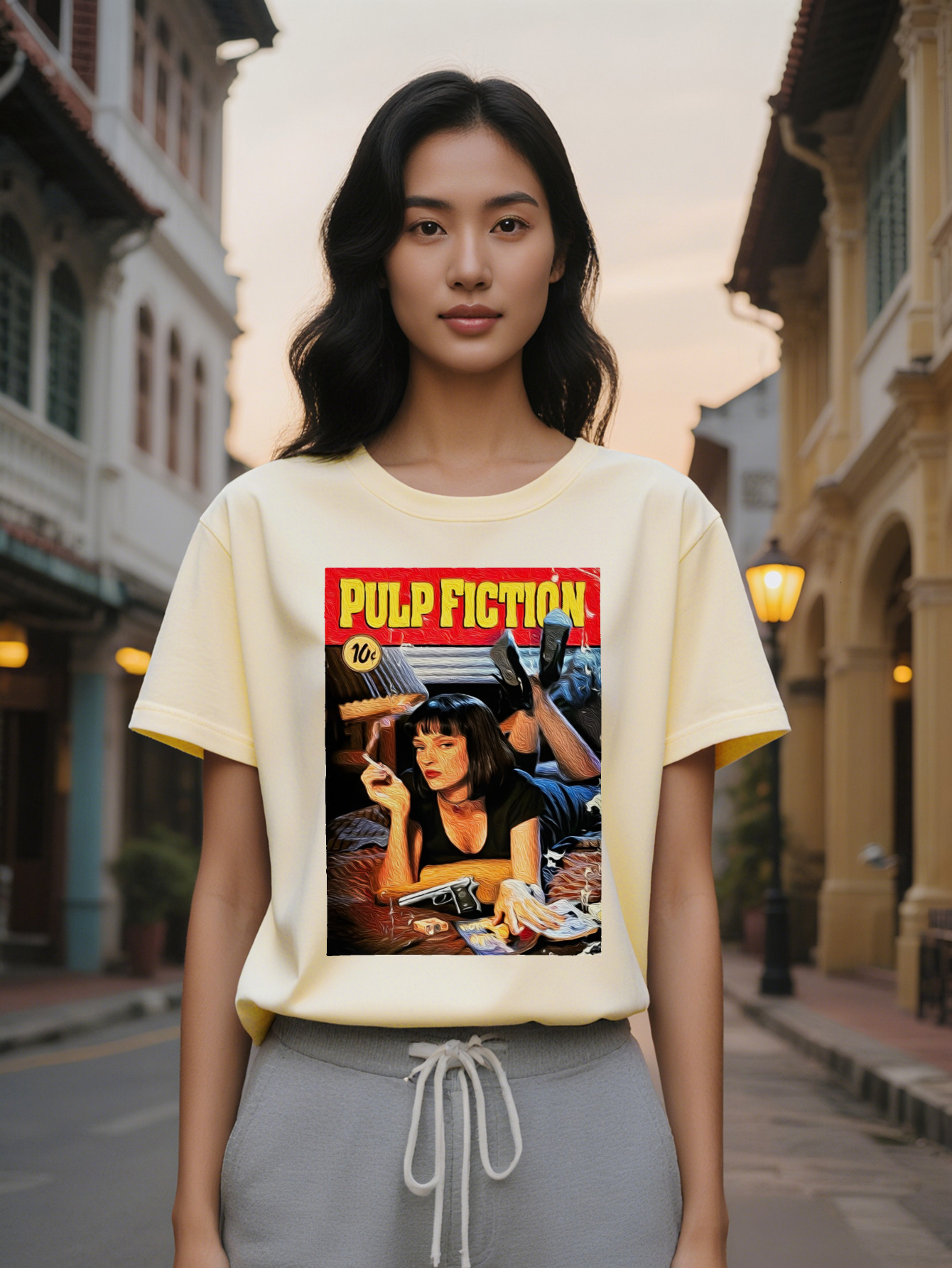 Large XL Graphic T-Shirt Pulp Fiction Art Print with Bold Yellow Text Red Background Black Round Neck Summer Tee Featuring Female Plus Size