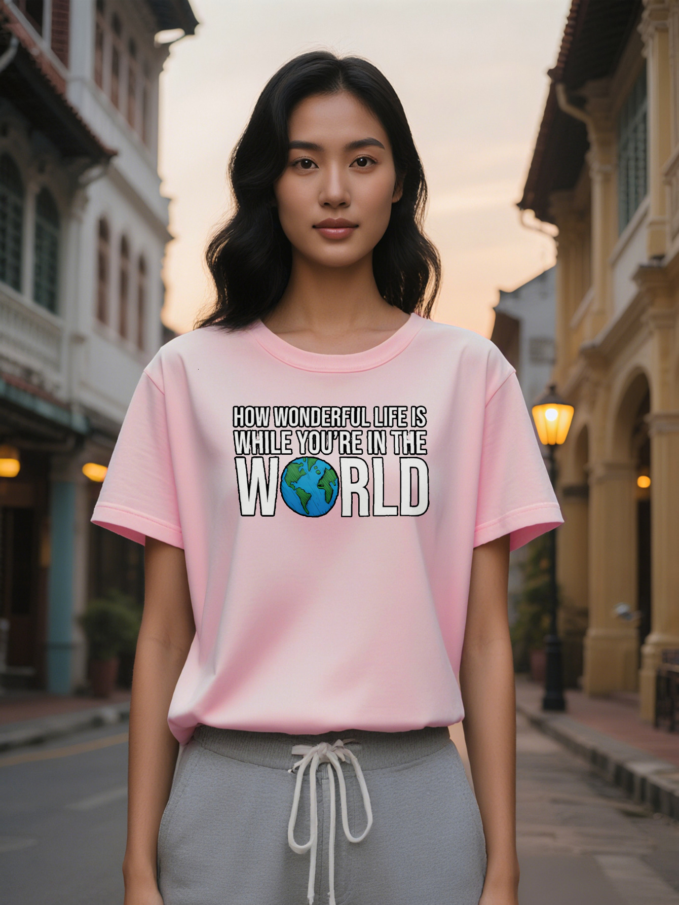 Lady Casual Crew Neck T-Shirt with How Wonderful Life Is While You're In The World Graphic Design Black Perfect For