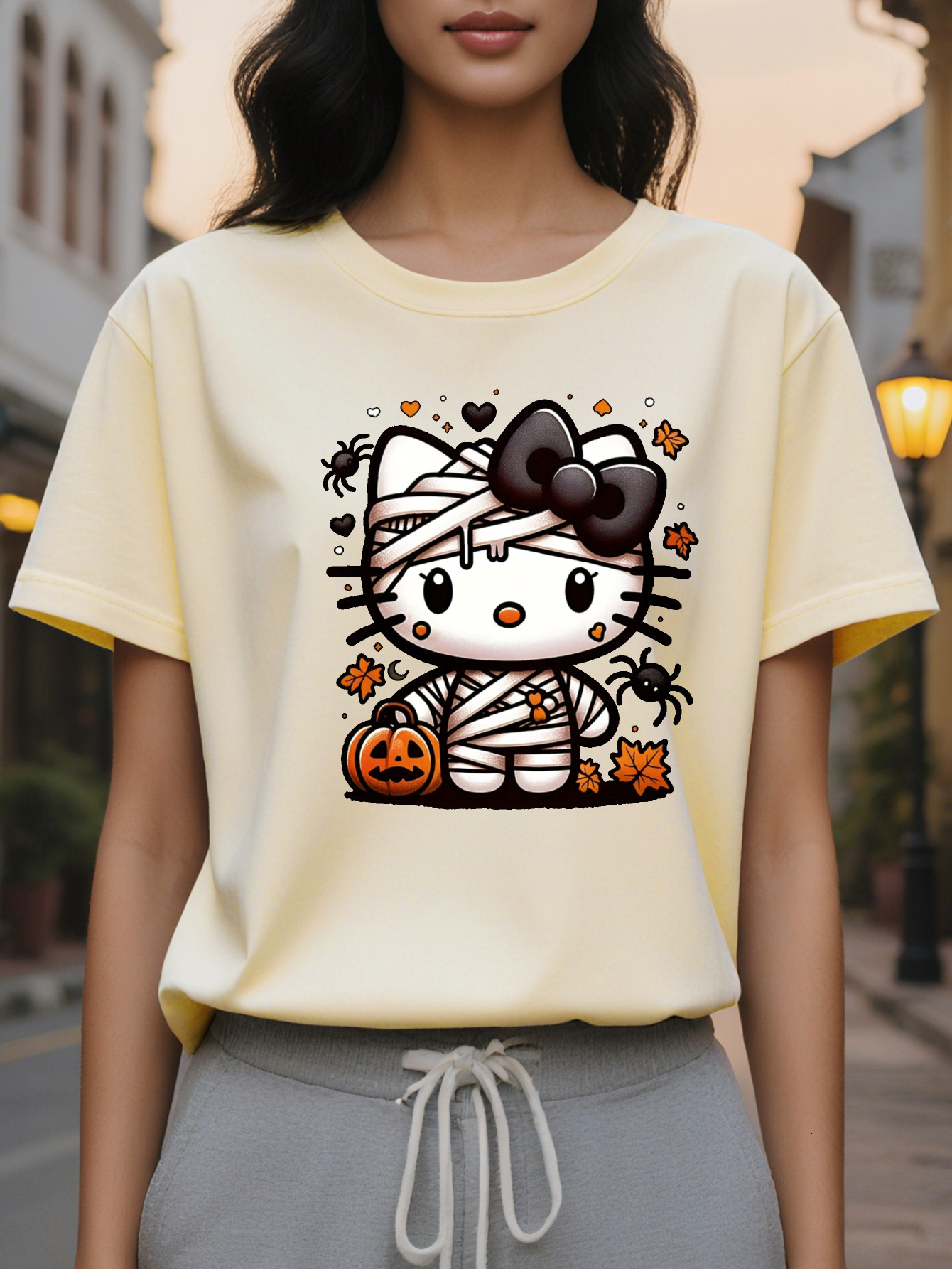 Orange Pumpkin Wrap Mummy Pattern T-Shirt for Women Teen Casual