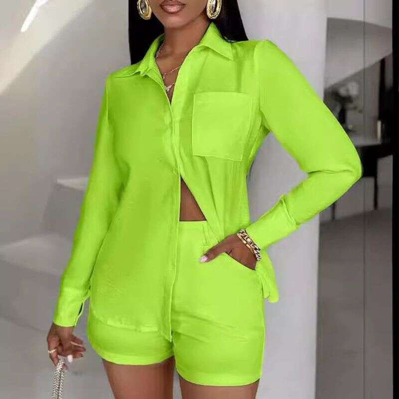 Women's Clothing Elegant Solid Color Pocket Long Sleeved Shirt + Shorts Suit Two Piece Set