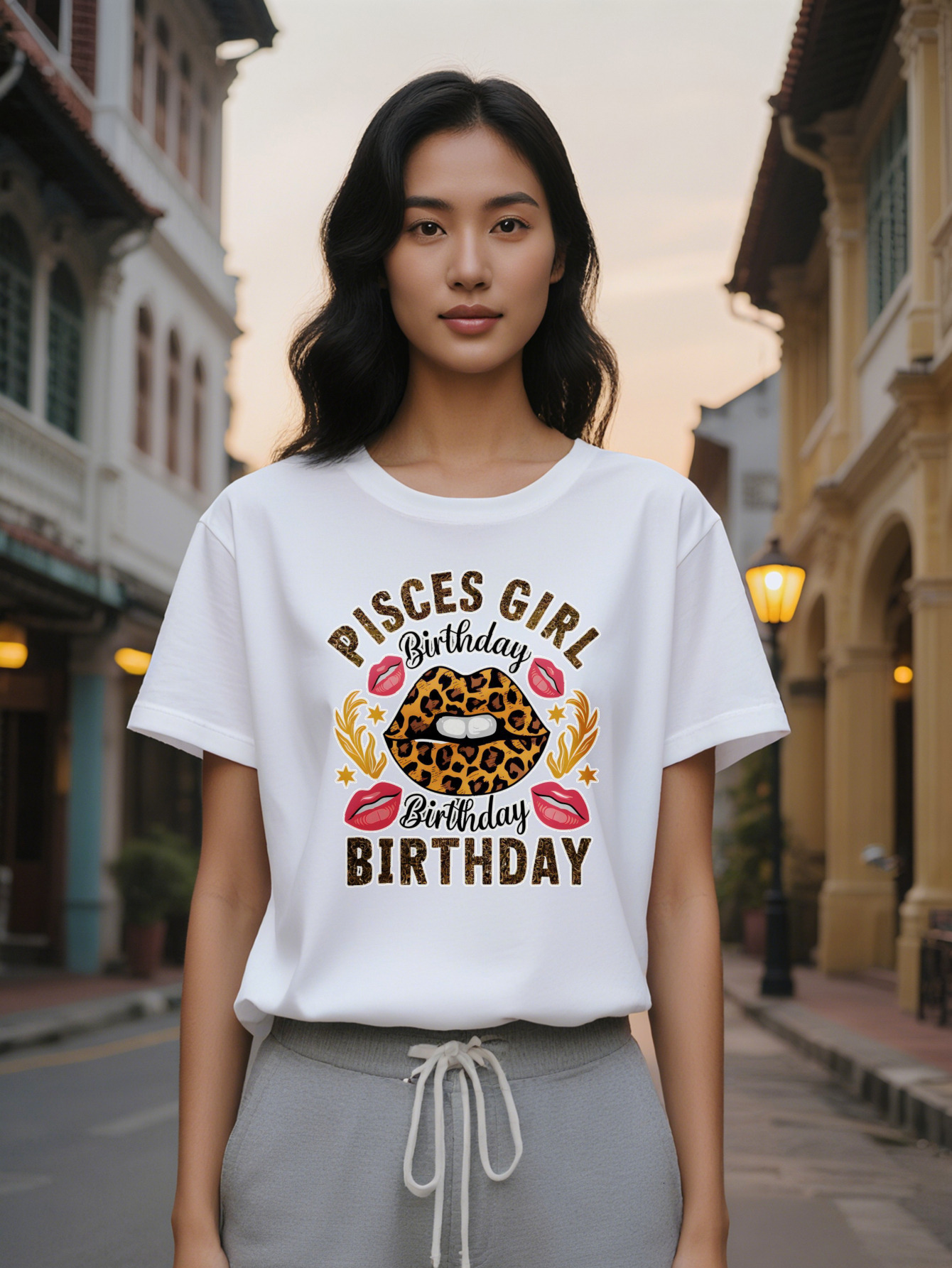 Large XL Lady Casual Crew Neck T-Shirt with Pisces Girl Birthday Graphic Black Leopard Print Lips Golden Text Design Summer Plus Size