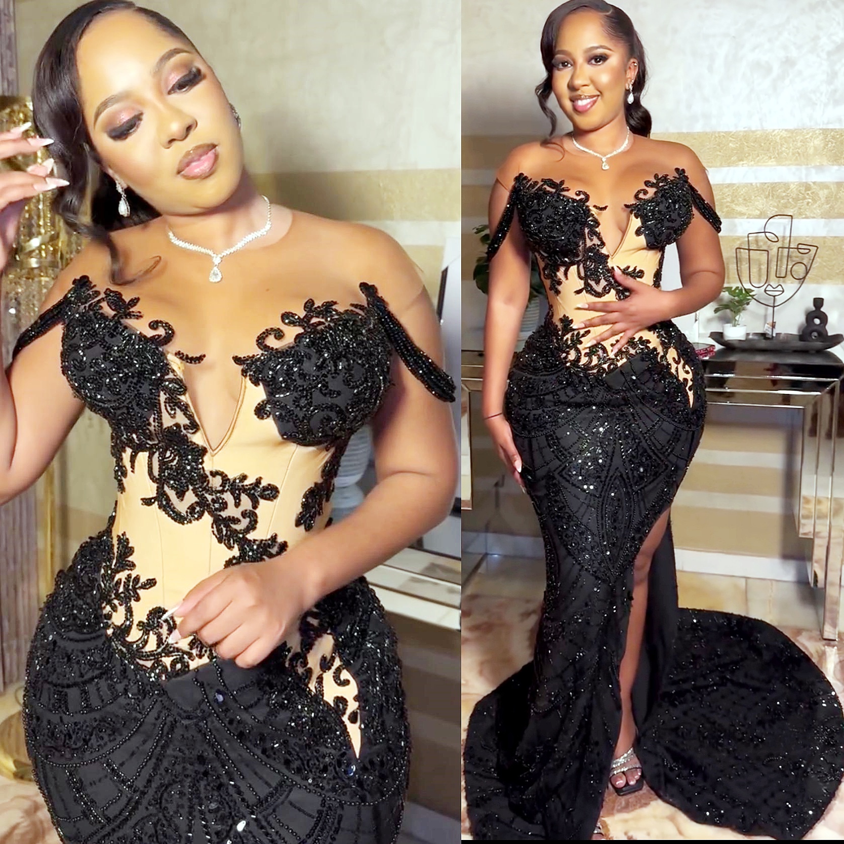 Aso Ebi Mermaid Black Prom Dresses 2025 Lace Beaded Illusion Sequined Evening Formal Party Second Birthday Engagement Gowns Plus Size Dress For Specia