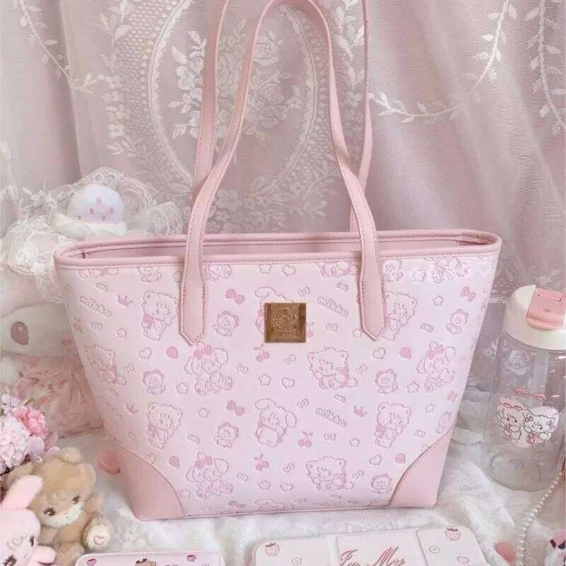 Sweet Cute Pink Tote Bag Purse Women Kawaii Print Leather Large Capacity Handbag Girls Haruku Shoulder Bags Aesthetic