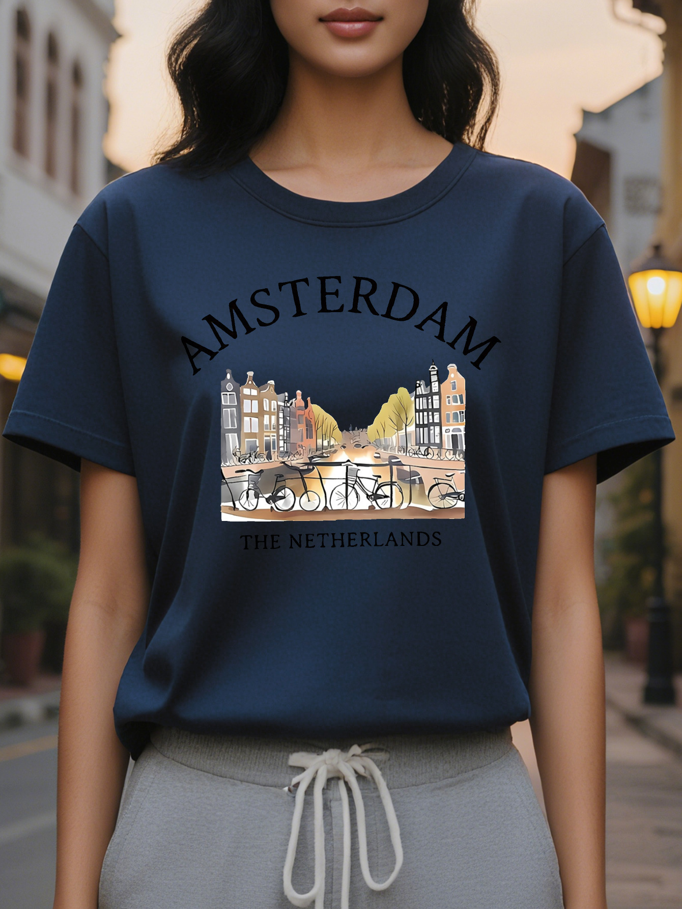 Large XL Soft Stretch Women's Graphic Print T-Shirt Amsterdam Netherlands Dutch Architecture Canals Breathable Spring Summer Plus Size