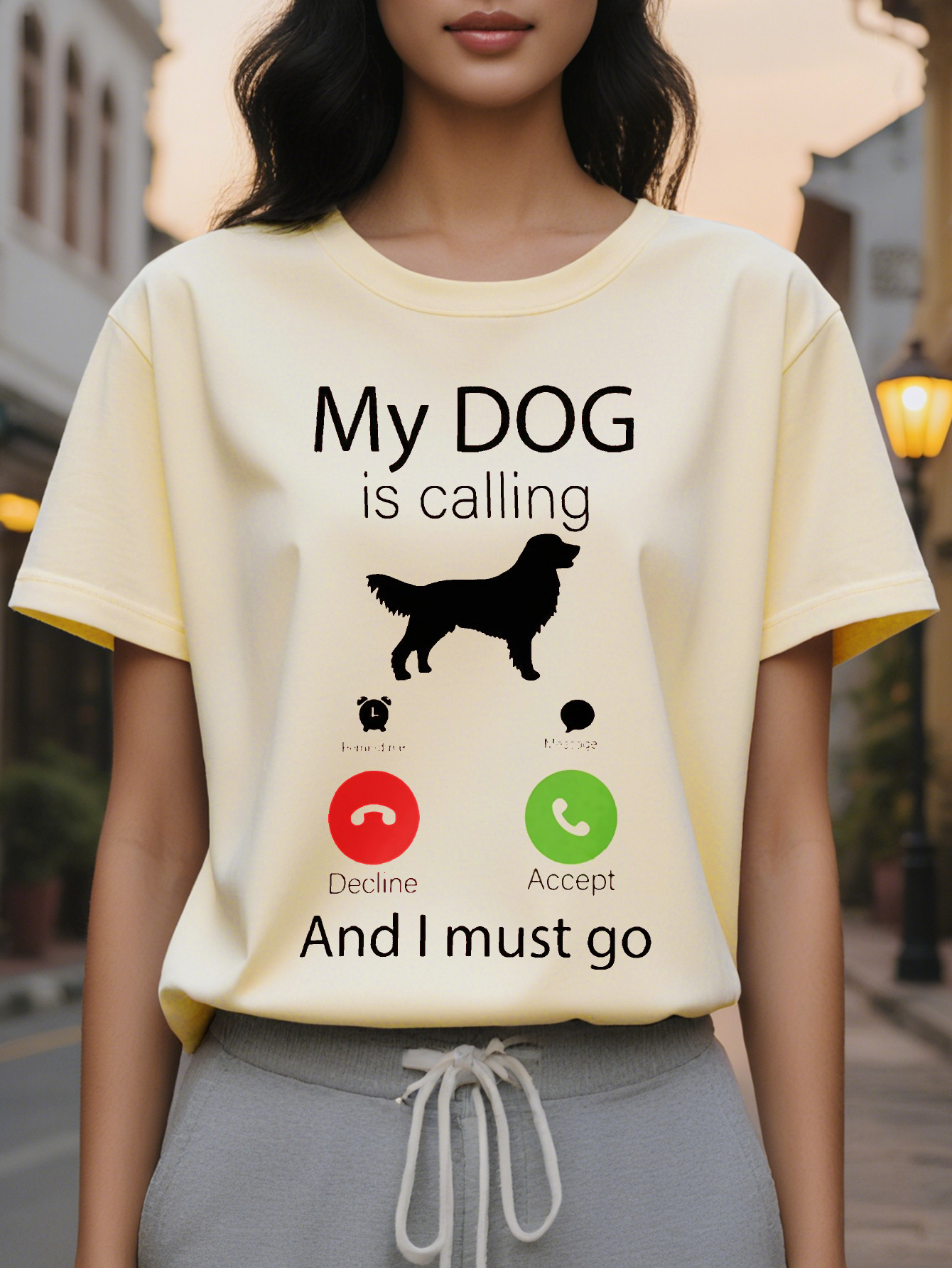 Large XL PC Women S Casual Crew Neck T-Shirt with My Dog Is Calling Print Cotton Rayon Blend Regular Length All Season Knit Plus Size