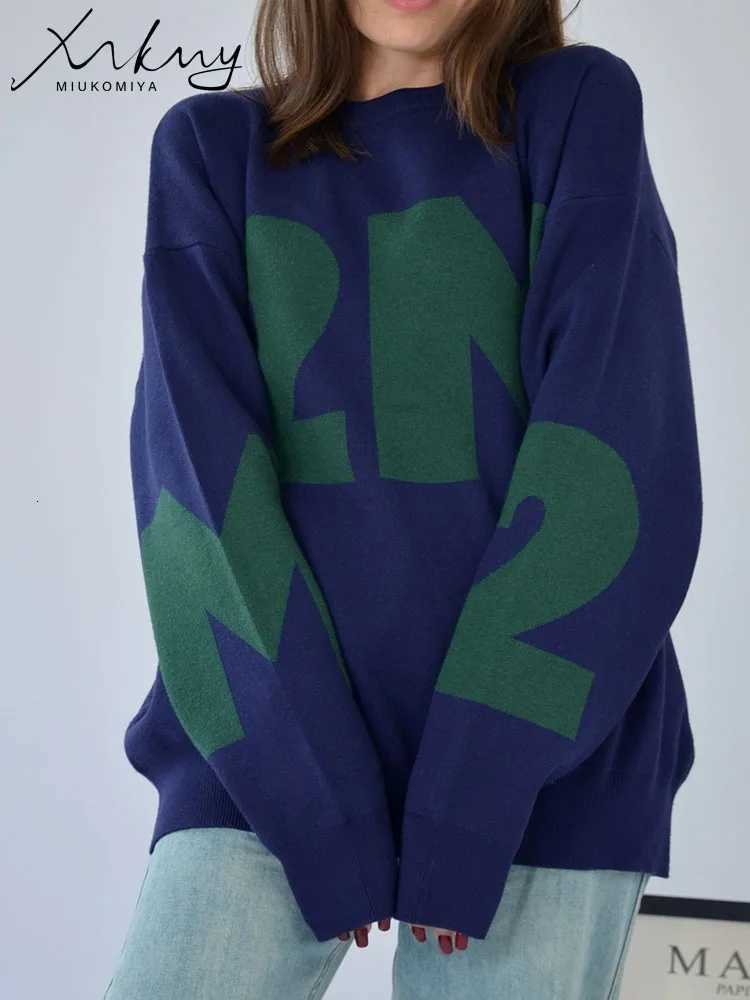 Navy Blue Oversize Letter Sweater Women Crewneck Casual Knitted Loose Pullovers With Letter Green Sweater For Women Winter M250904